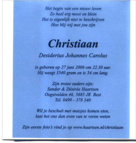 Geboortekaartje van Christiaan
